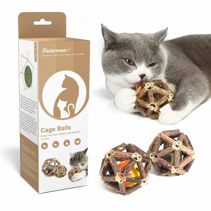Potaroma Catnip Toys 3Pcs Cat Toys Natural Silvervine Stick Cage Balls & Bell Ball For Indoor Cats Kitten Cleaning Teeth Molar Matatabi Cat Chew Toy All Breeds -Like New