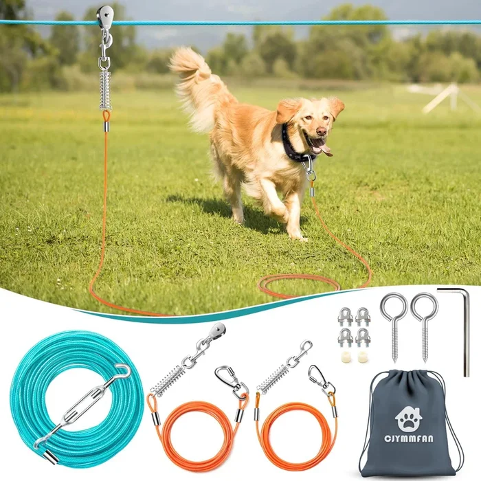 Professional Dog Runner Trolley System,Heavy Duty & Adjustable 140Ft Dog Zip Line With 10Ft & 15Ft Tie Out For Large Dogs Up To