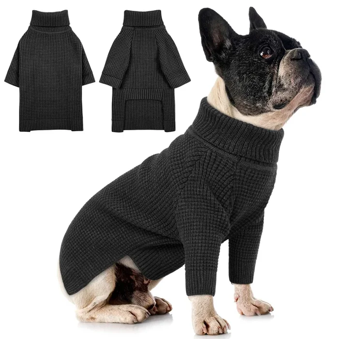 Queenmore Turtleneck Long Sleeve Knitted Sweater With Check Pattern, Warm Dog & Cat Sweater For Small To Large Pets, Charcoal Gr
