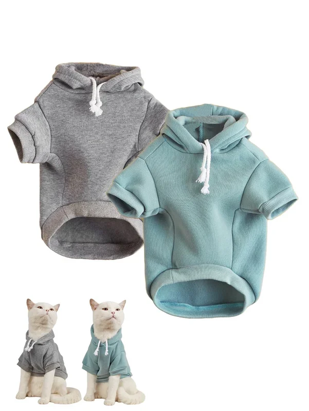 Qwinee 2Pc Basic Dog Hoodie & Cat Apparel, Dog & Cat Jacket, Grey & Cadet Blue S