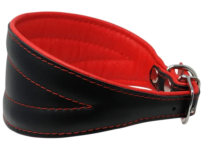 Real Leather Extra Wide Padded Tapered Dog Collar Glossy Black Greyhound Saluki Deerhound Lurcher Whippet Dachshund (14.25-17 Ne