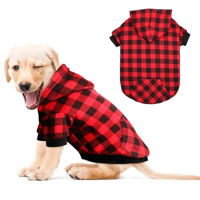 Red Plaid Dog Hoodie Sweater For Dogs Pet Clothes With Hat And Pocket（M）