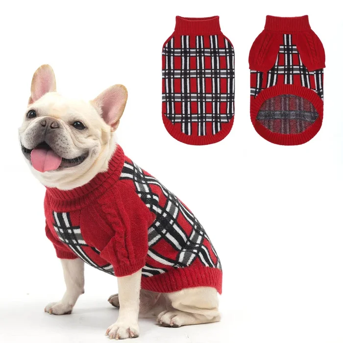Scenereal Medium Dog Pullover Sweater, Cable Knitwear Winter Dog Sweatershirt, Classic Plaid Turtleneck Thick Warm Dog Clothes F