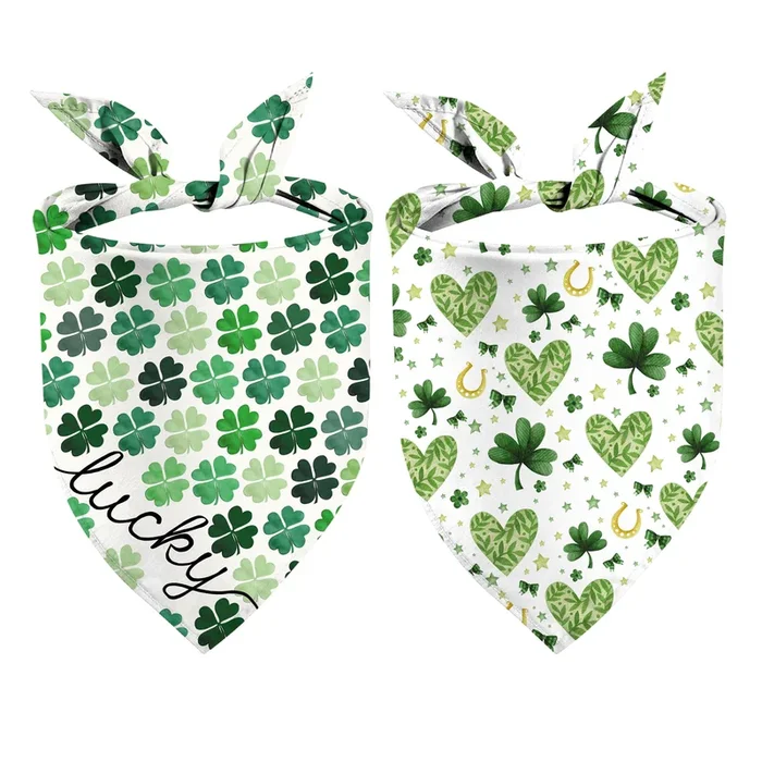 St. Patrick’S Day Dog Bandanas 2 Pack, Triangle Reversible Lucky Green Shamrock Pet Scarf For Boys And Girls, Premium Durable Fa