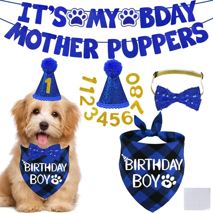 Stmk Dog Birthday Decorations, Multi Sizes Dog Birthday Hat With Numbers Bandana Bow Tie Its My Bday Mother Puppers Banner For S