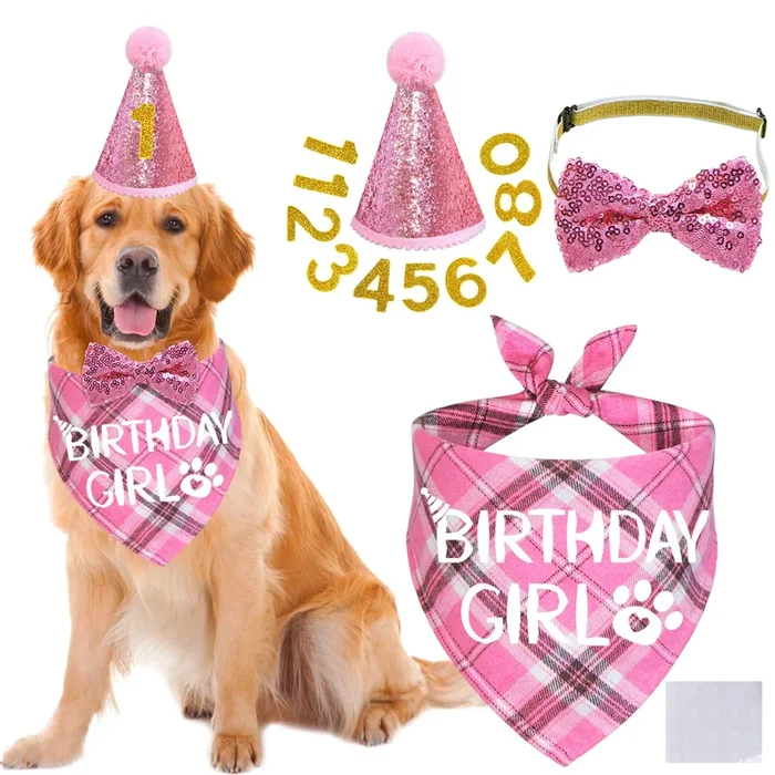 STMK Dog Birthday Outfits, Multi Size Dog Birthday Hat Dog Birthday Girl Bandana Bow Tie Birthday Numbers for Large Extra Large