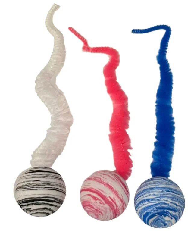 Striped Two Tone Rubber Ball with Caterpillar Style Tail attached – Black, Pink, or Blue