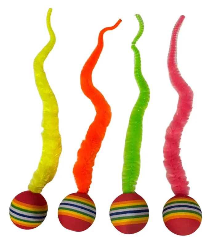 Striped Two Tone Rubber Ball with Caterpillar Style Tail attached Multi colored Striped Ball – Yellow, Pink, Orange, Green