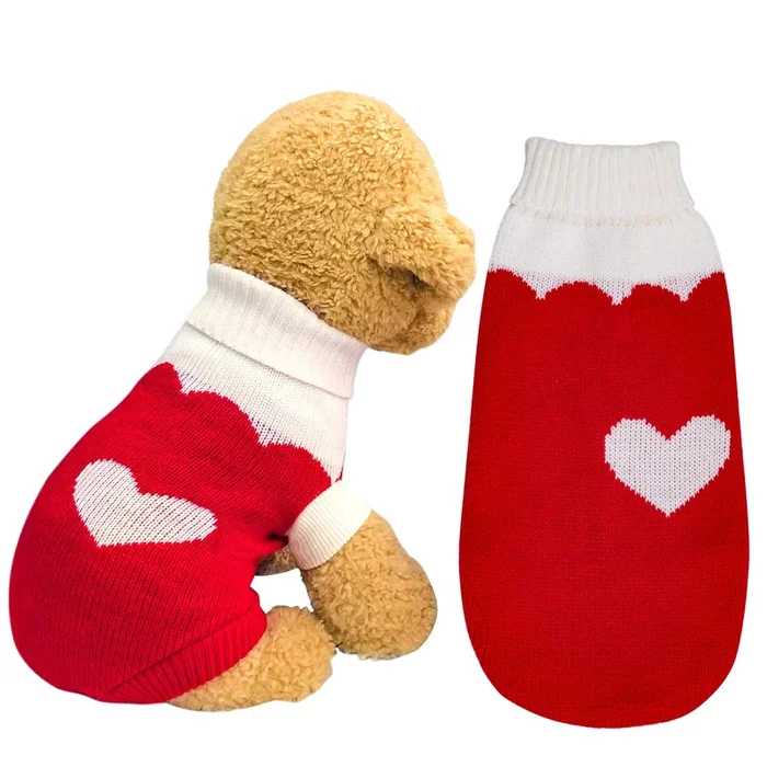 Topbuti Pet Dog Knitted Sweaters Knitwear Turtleneck Pajamas Soft Winter Warm Puppy Valentine Clothing Christmas Clothes Heart Doggie Apparel For Cats Dogs (S)