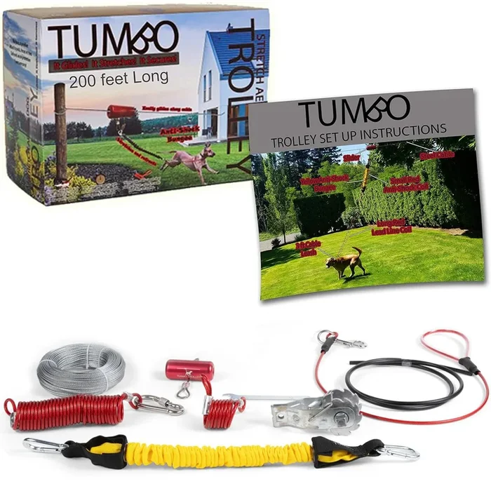 Tumbo Trolley 100Ft – Anti-Shock Aerial Dog Runner For Yard Small And Large Dog – Heavy Duty Dog Gear – Best Dog Run And Zipline