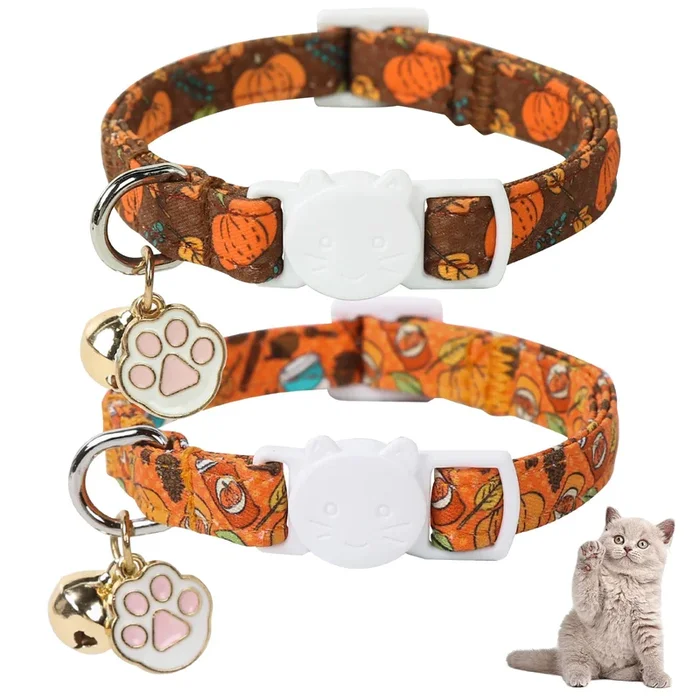 Unique Style Paws Pumpkin Kitten Collar,2 Pack Halloween Cat Collar With Bell & Cute Paw Pendant,Adjustable Orange Pumpkin Kitte