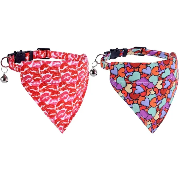Valentine’S Day Cat Collar Breakaway With Cute Bandana And Bell For Kitty Adjustable Safety Love Heart