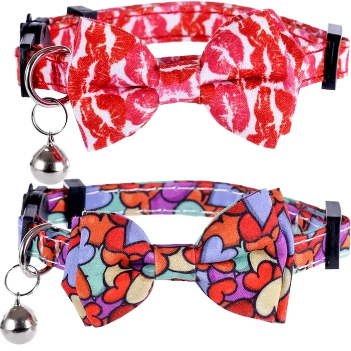 Valentine’S Day Cat Collar Breakaway With Cute Bow Tie And Bell For Kitty Adjustable Safety Love Heart