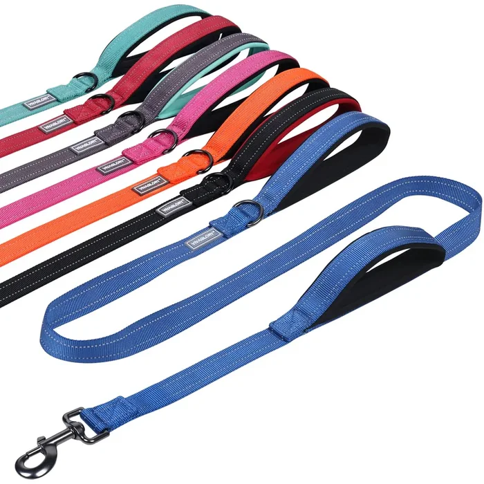 Vivaglory Traffic Handle Dog Leash, Two Padded Soft Handles Dog Leash, Strong Reflective & Metal Hook Training Pet Lead, Blue