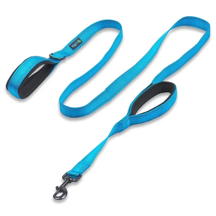 Wagtime Club Soft &Thick Dual Handle 6Ft Dog Leash, Premium Nylon Double Padded Handles For Medium, Large Or Xlarge Dog (Reflective Bright Blue)