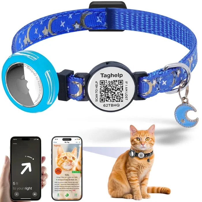 Waterproof Airtag Cat Collar Breakaway With Bell,Moon And Stars Pendant,Reflective Kitten Collar With Apple Airtag Holder,Safety