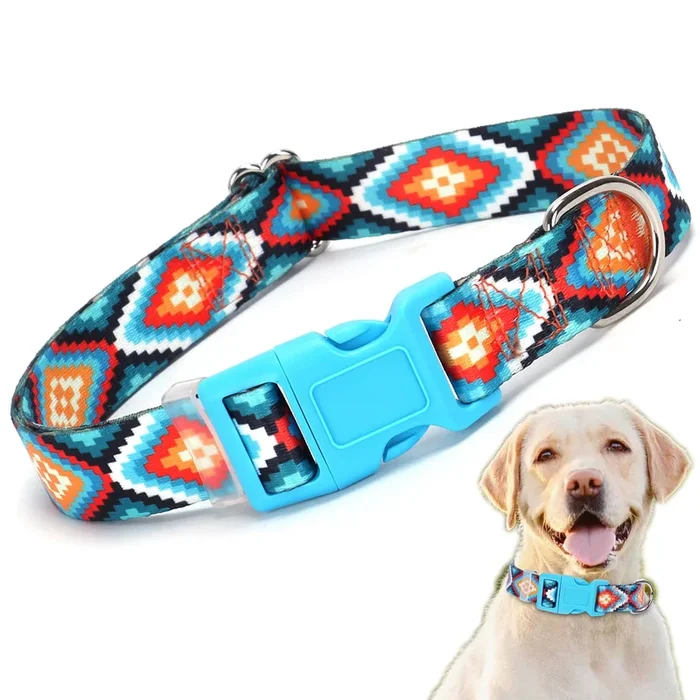 Western Dog Collar, Tribal Boho Stylish Pattern Design Quick Release Buckle Soft Nylon Puppy Collars Adjustable for Xs Small Med