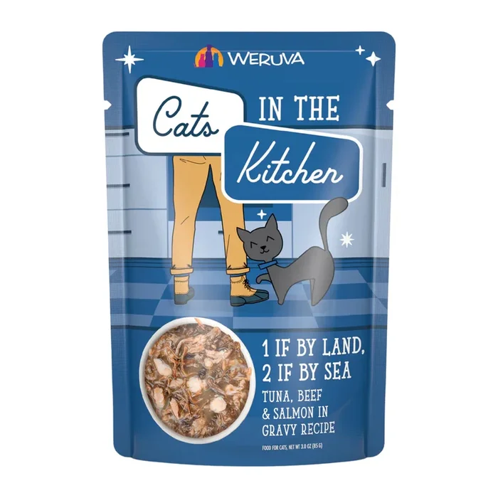 Wet Cat Food – Cats in the Kitchen – 1 if By Land, 2 if By Sea – Tuna, Beef & Salmon in Gravy