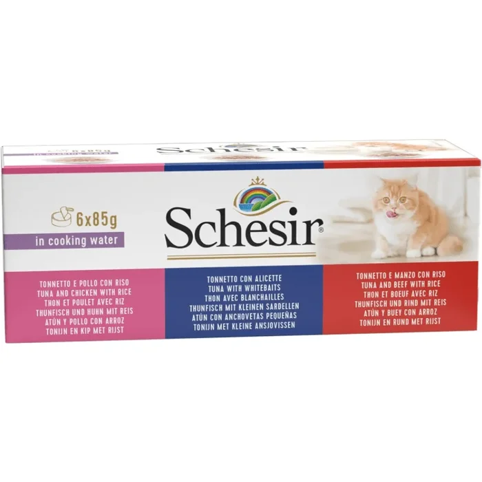 Wet Cat Food Topper – Multipack IN COOKING WATER – Tuna & Chicken, Tuna & Whitebaits, Tuna & Beef with Rice – 85 g can, pack of 6