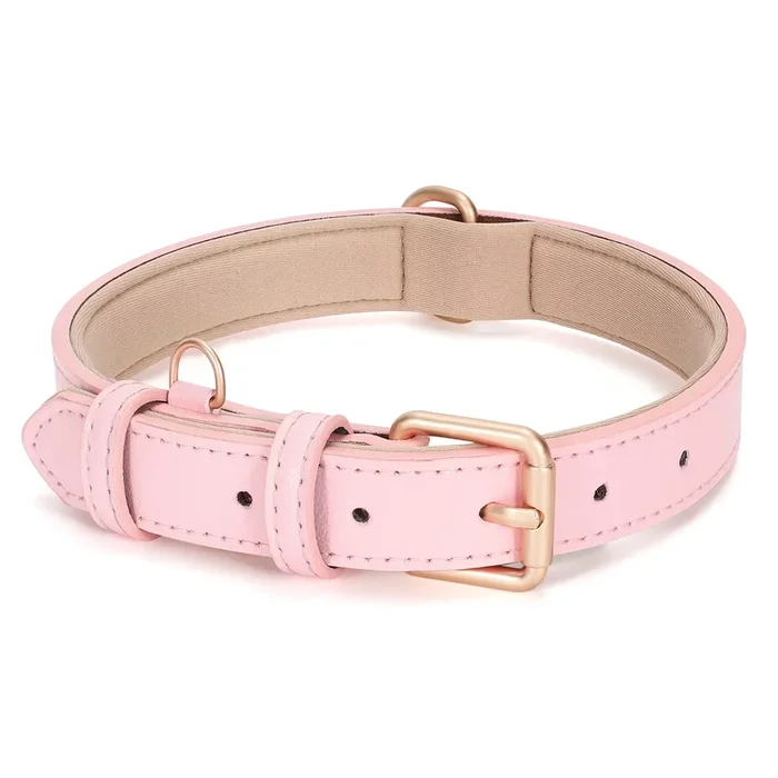 Whippy Leather Dog Collar For Small Medium Large Dog Adjustable Soft Breathable Leather Padded Puppy Collar With Alloy Buckle Heavy Duty Waterproof Classic Dog Pet Collar,Pink,M
