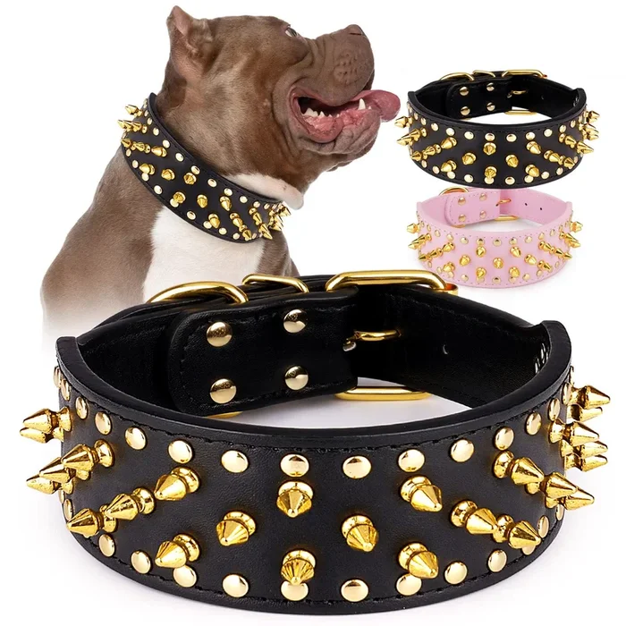 Wide Gold Spiked Dog Collar, Epesiri Dog Chain Collars, Mushroom Rivet PU Leather Dog Collars, Adjustable Durable Spike Studded