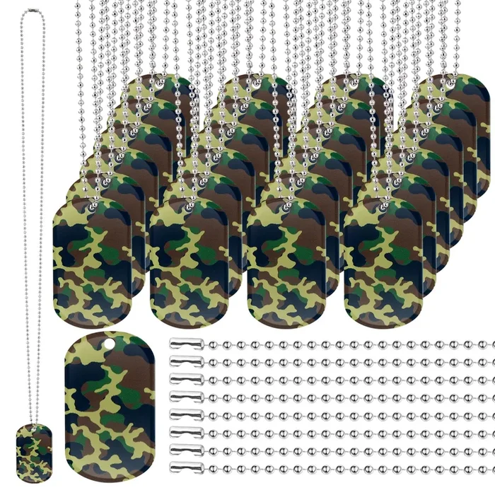 Wonderjune 30 Pack Acrylic Military Dog Tags Army Camouflage Party Decorations With 30 Pcs 70Cm Long Beaded Chains For Soldier M