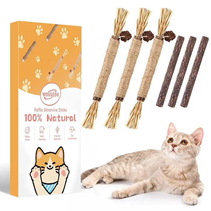 Wousedo 6 Pack Silvervine Sticks Cat Toy, Natural Chew Stick For Dental Care Teeth Cleaning,Matatabi Cat Nip Treat Toys For Indo