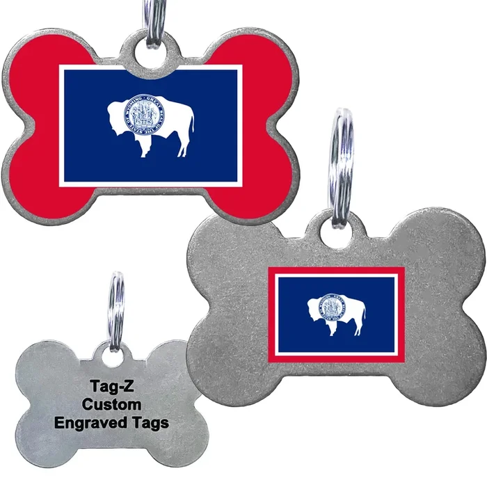 Wyoming Flag Pet Id Tags, Custom Printed And Laser Engraved Bone