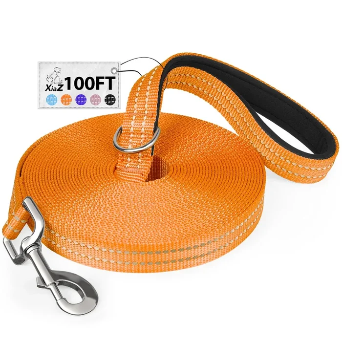 Xiaz 100 Feet Dog Training Leash, Nylon, Orange, Reflective, Padded Handle, 550 Lbs Bearing, Lightweight Suitable For Small, Med