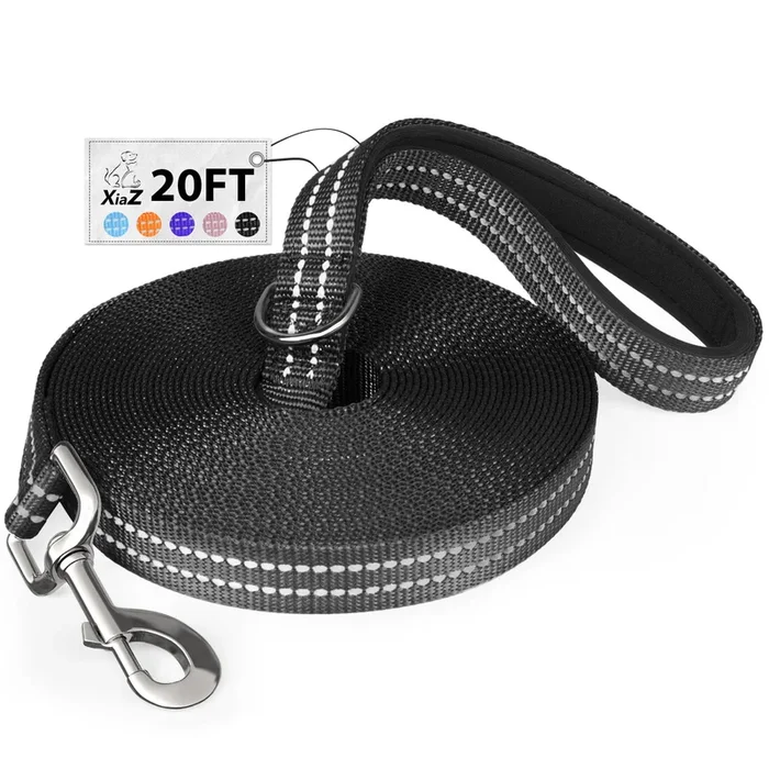 Xiaz 20 Feet Dog Training Leash, Nylon, Black, Reflective, Padded Handle, 550 Lbs Bearing, Lightweight Suitable For Small, Mediu