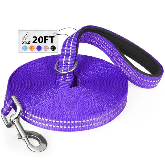 Xiaz 20 Feet Dog Training Leash, Nylon, Purple, Reflective, Padded Handle, 550 Lbs Bearing, Lightweight Suitable For Small, Medi
