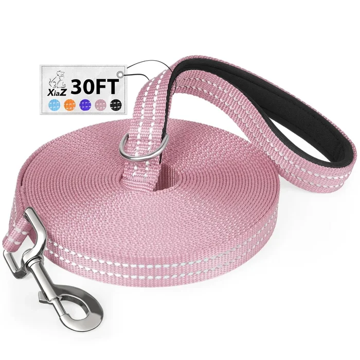 Xiaz 30 Feet Dog Training Leash, Nylon, Pink, Reflective, Padded Handle, 550 Lbs Bearing, Lightweight Suitable For Small, Medium