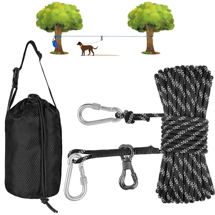 XiaZ 50ft Dog Camping Leash – Portable Overhead Trolley System for Dogs up to 200lbs, Black, Ideal for Camping, Parks, and Outdoor Events