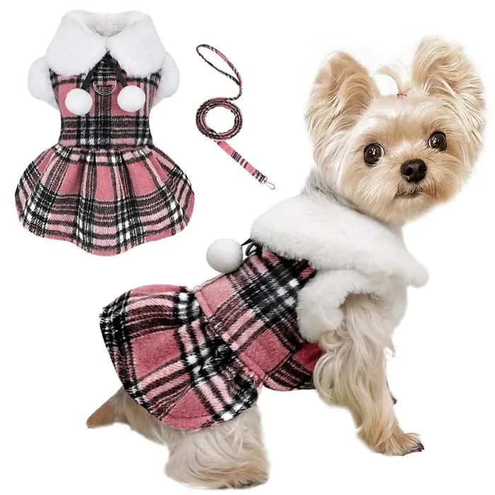 Xs Dog Sweater With Leash Set D Ring Valentine’S Day Plaid Fleece Dog Clothes For Small Dogs Girl Boy Spring Pet Dress, Cold Wea