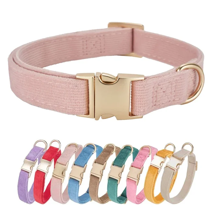 YUDOTE Soft Cotton Dog Collar with Metal Buckle Adjustable Heavy Duty Comfy Corduroy Collars for Small Medium Large Dogs,Light P